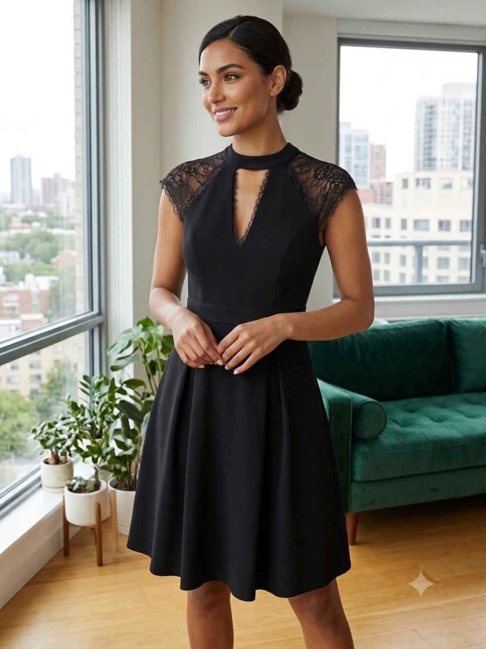 BCBGeneration Black Lace Cap-Sleeve Keyhole Skater Dress